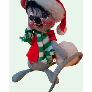 Vintage Annalee Christmas Mouse Santa Hat Scarf Decor 8" 1970s Doll Holiday Figu
